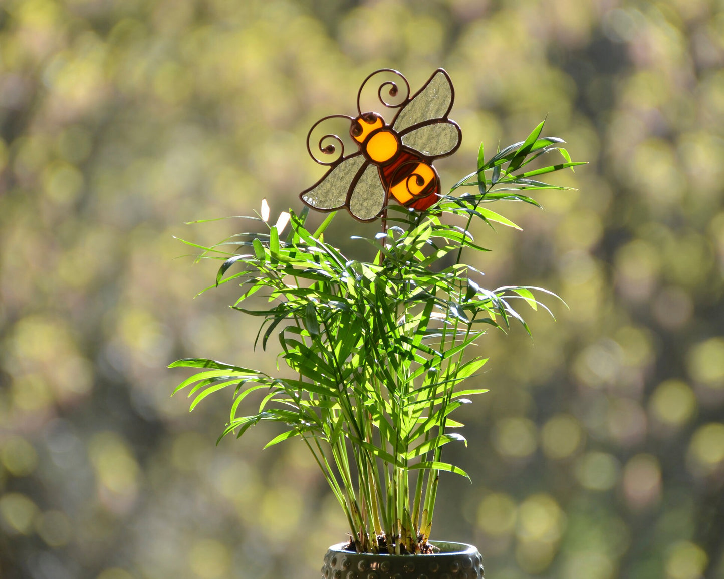 Honey bee stained glass stake, stained glass plant stake, bee pot ornament