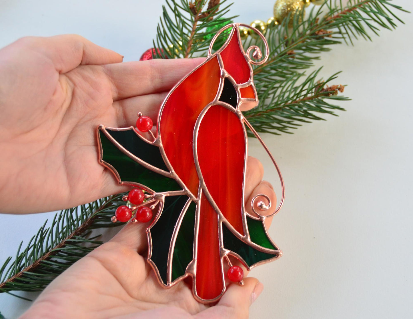 Stained Glass Red Cardinal with Holly Leaves – Handmade Window Hanging Suncatcher