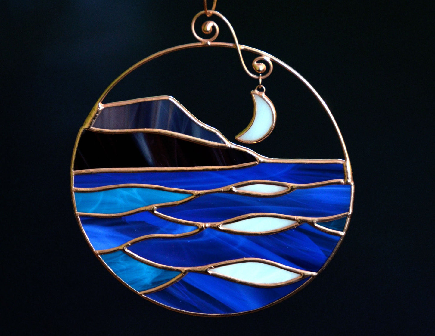 Stained Glass Mountain Suncatcher: Handmade Sea & Moon Window Hanging
