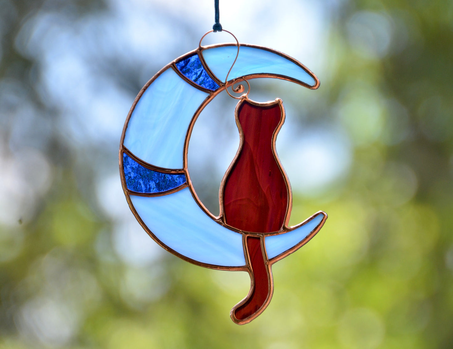 Stained glass cat on moon window hangings suncatcher, pet lost gift, gift for cat lover