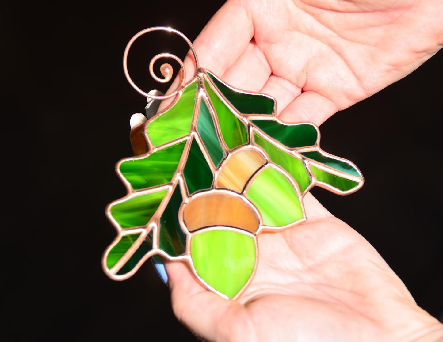 Autumn Stained Glass Suncatcher – Acorn and Leaf Window Hanging Ornament