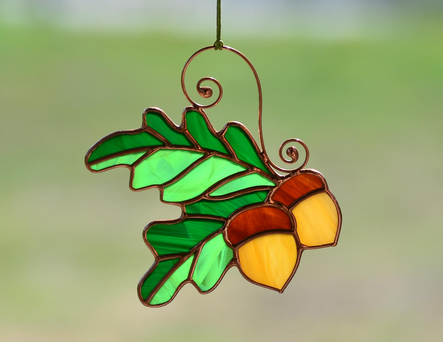 Acorn Stained Glass Suncatcher – Fall Leaves Window Hanging – Autumn Decor – Handmade Glass Ornament