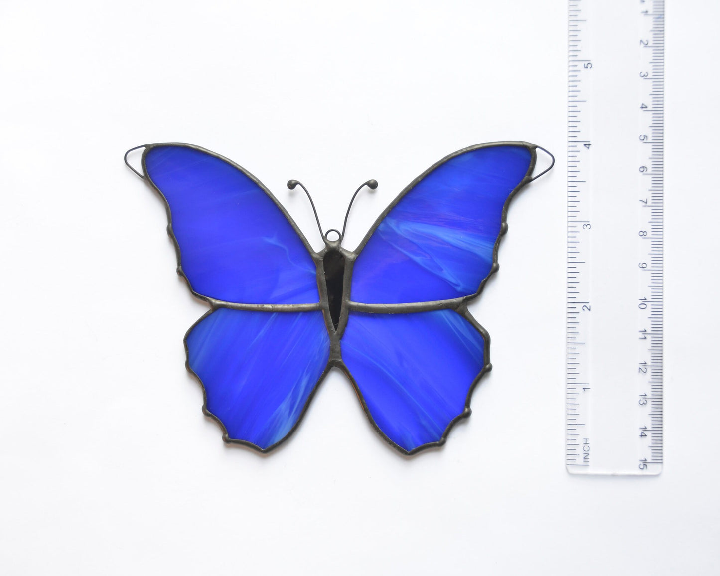 Stained glass morpho butterfly suncatcher, stain glass window hangings, blue housewarming gift, window hanging ornament