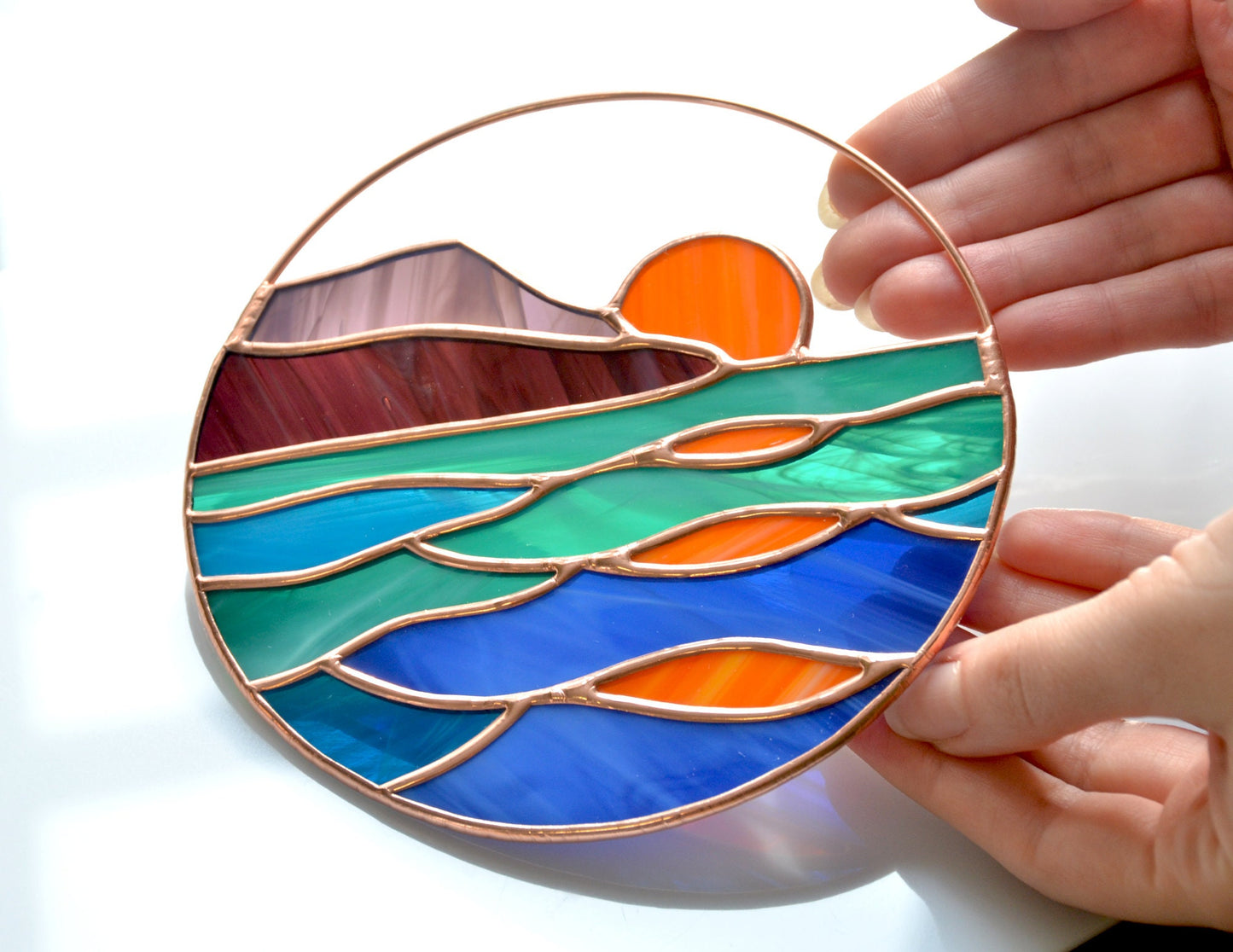 Sunset Sea Stained Glass Suncatcher: Handmade Window Hanging