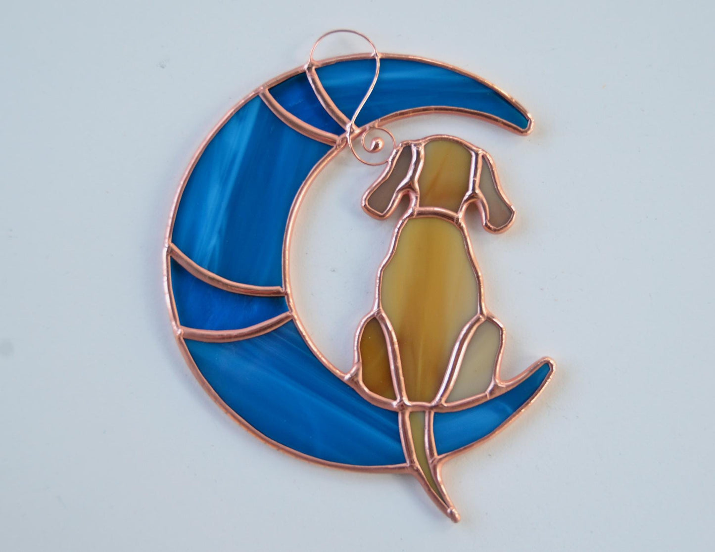 Stained glass dog on moon, dachshund suncatcher, memory gift window hangings