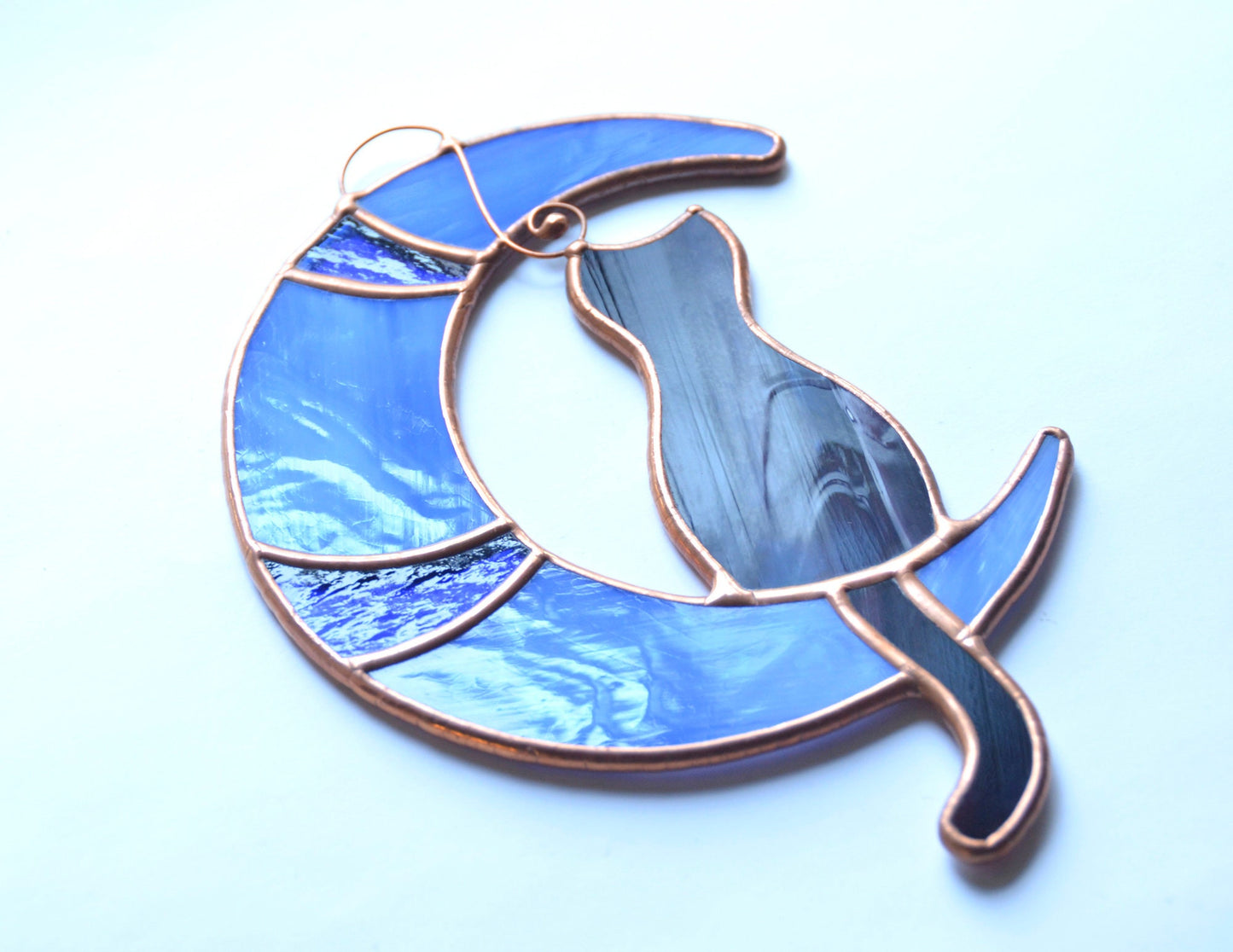 Stained glass cat on moon window hangings suncatcher, pet lost gift, gift for cat lover