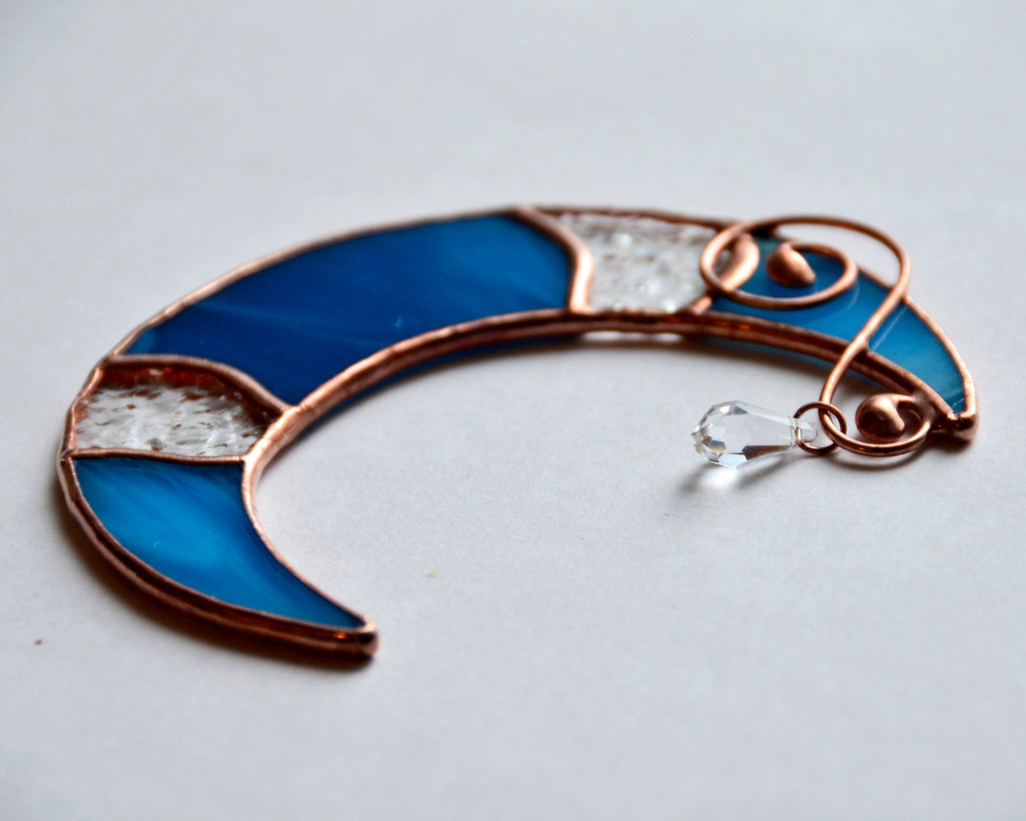 Stained glass blue moon crystal suncatcher, window hangings ornament