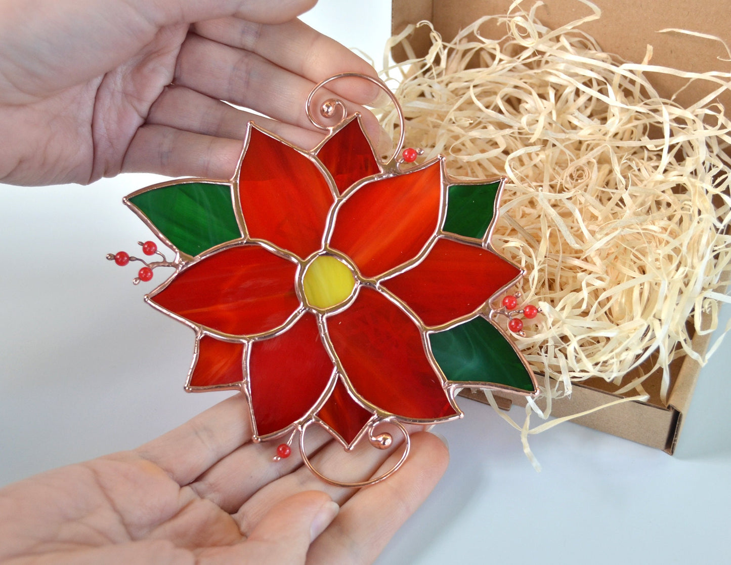 Stained Glass Poinsettia Suncatcher: Winter Flower Window Hanging