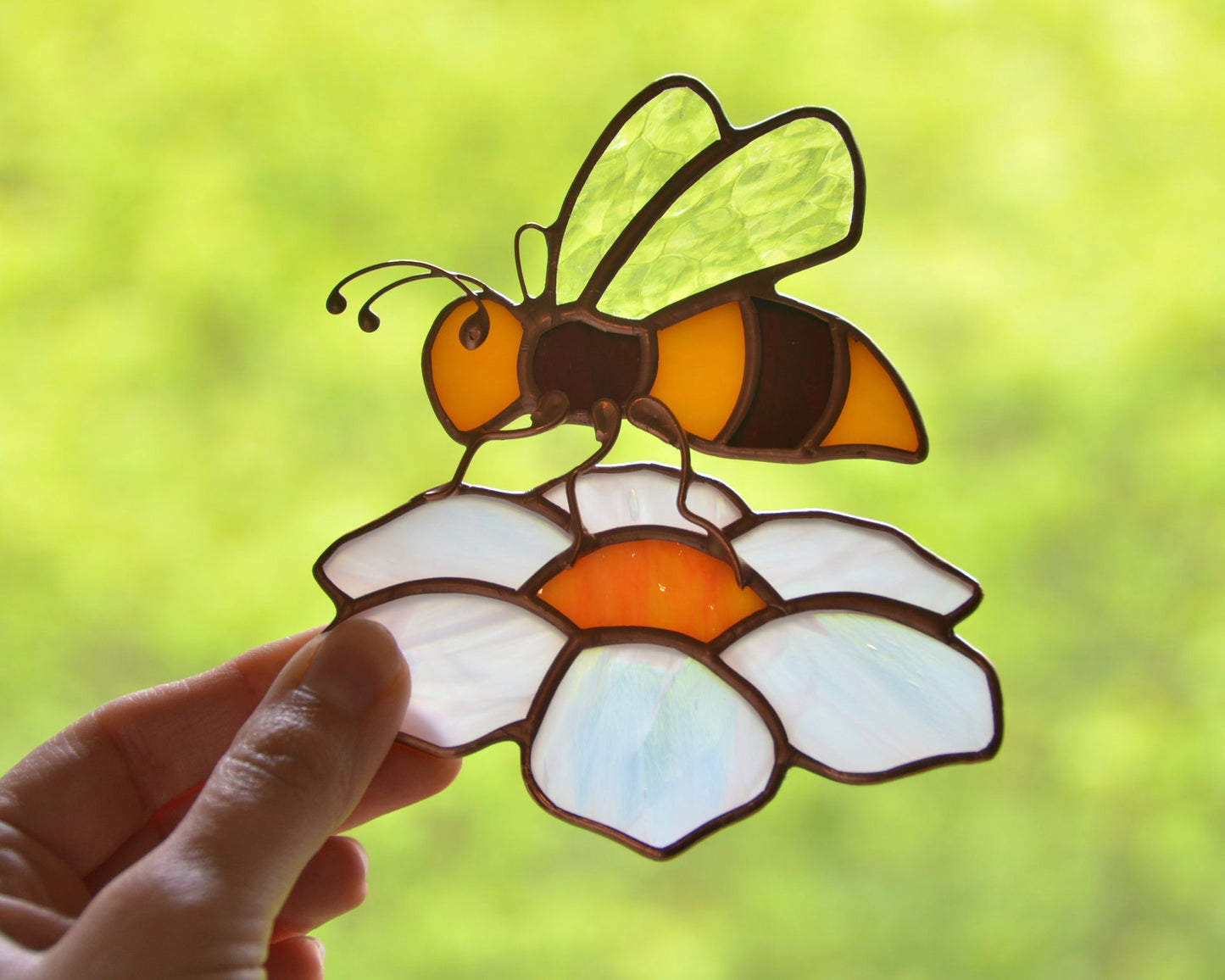 Stained glass hanging bee suncatcher for window
