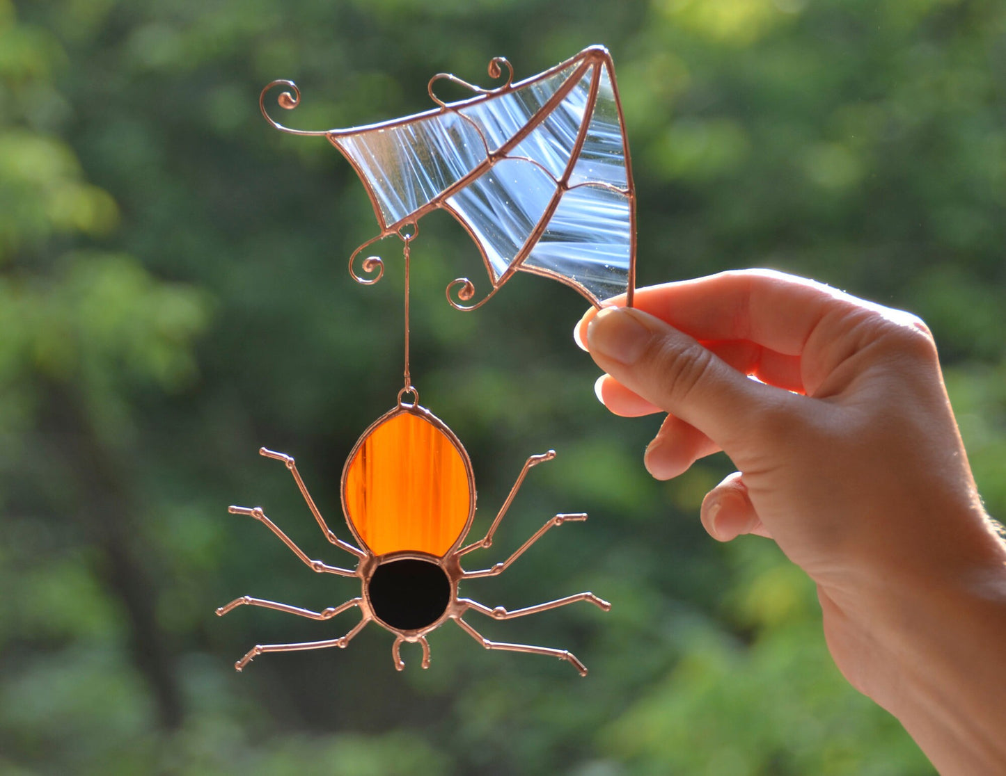 Stained glass Halloween suncatcher, window hanging spider ornament