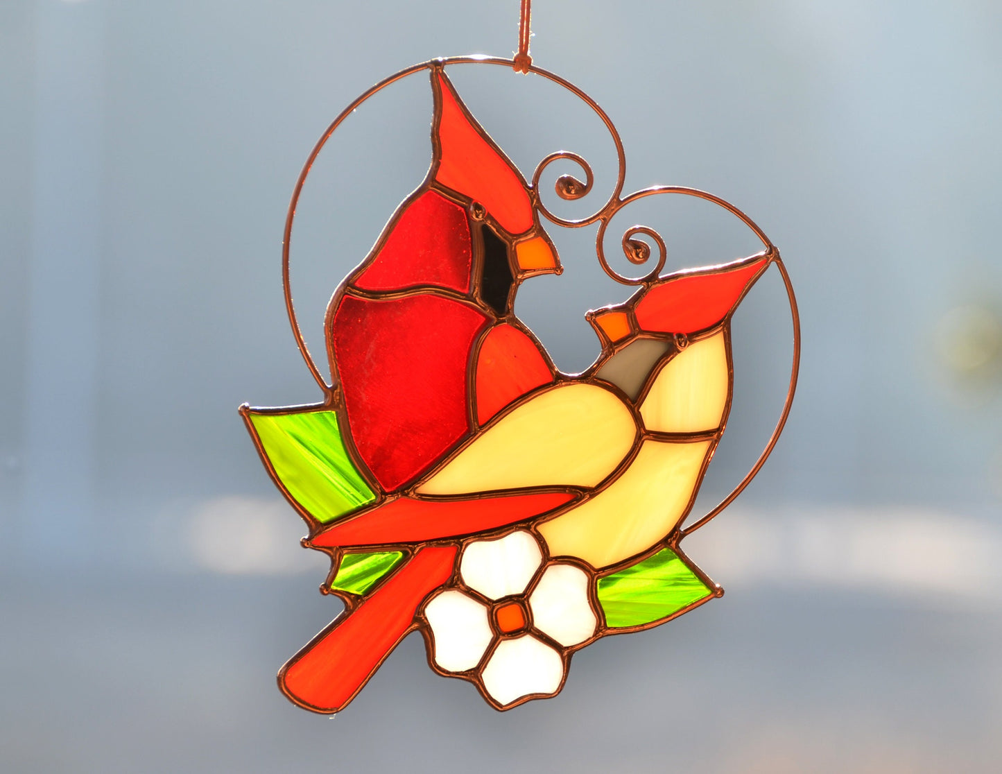 Cardinal Pair Stained Glass Suncatcher – Window Hanging, Anniversary Gift for Bird Lovers