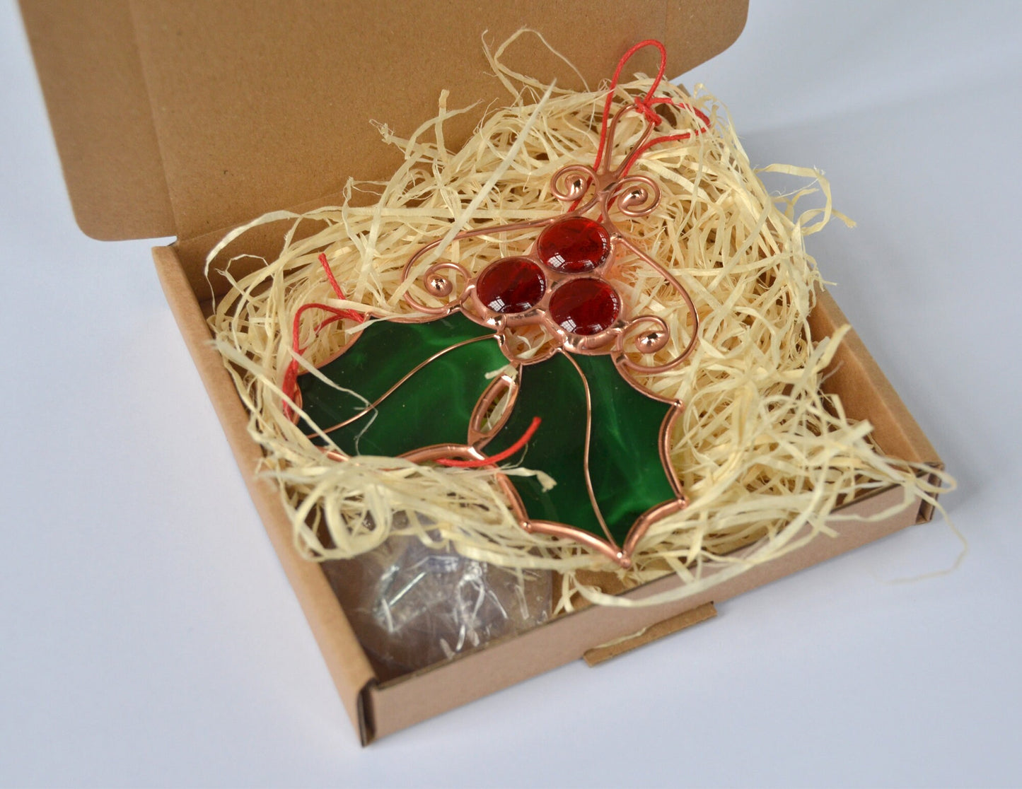 Holly leaves Christmas decor, stained glass ornaments, winter holiday suncatcher, Christmas gift