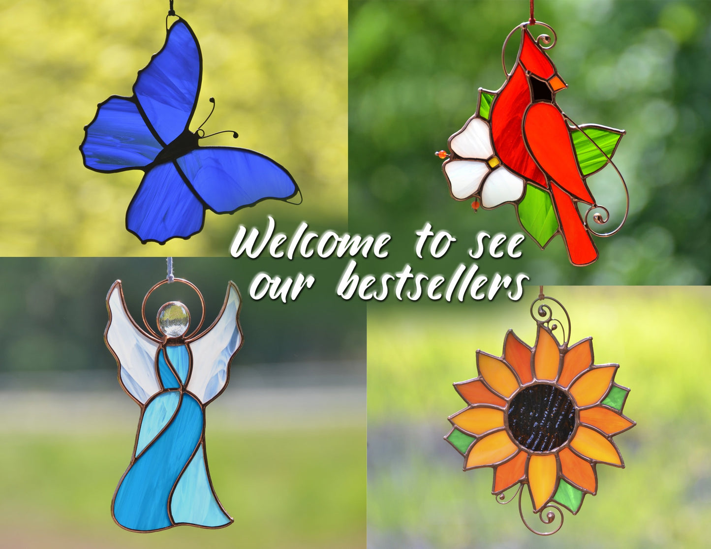 Stained glass window hangings, blue flower sun catcher, glass flower housewarming gift