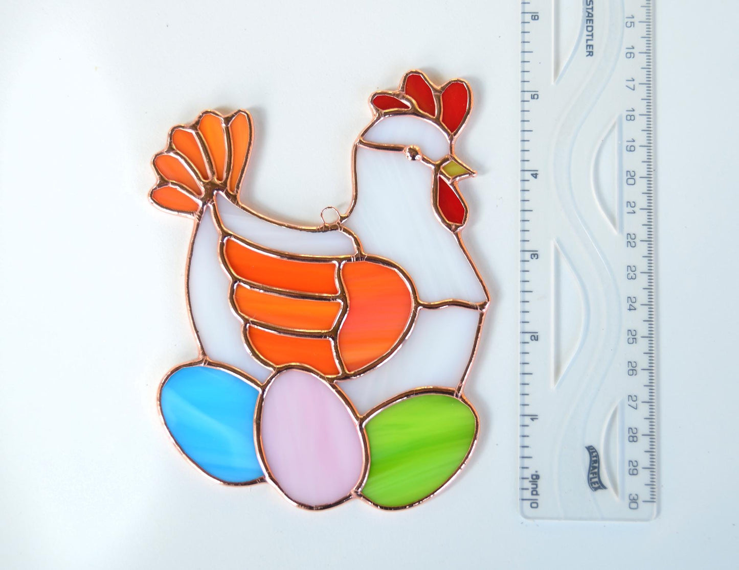 Stained glass chicken with eggs, handmade suncatcher, Easter window hangings