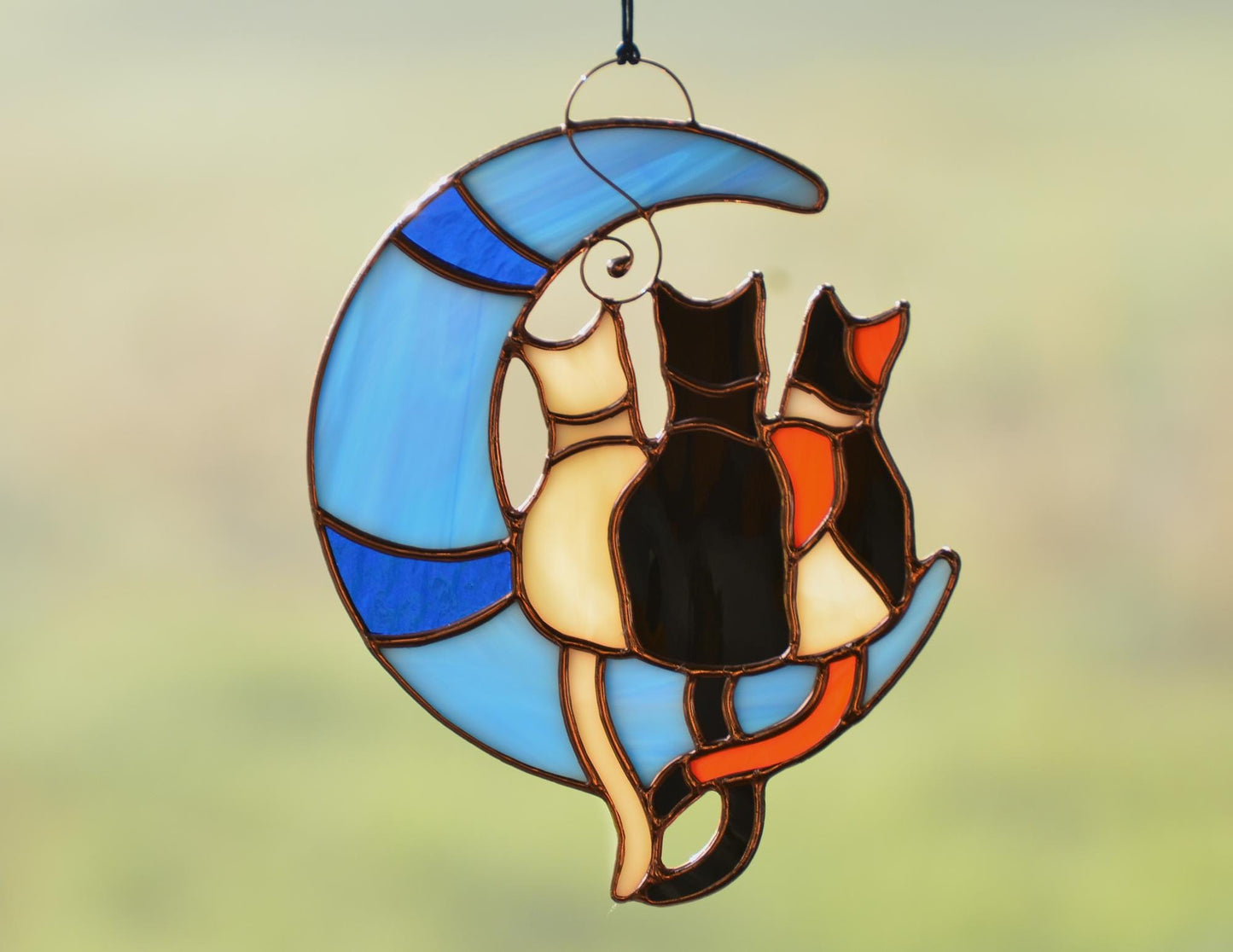 Cats on Moon Stained Glass - Custom Colors - Memorial Pet Lost Gift