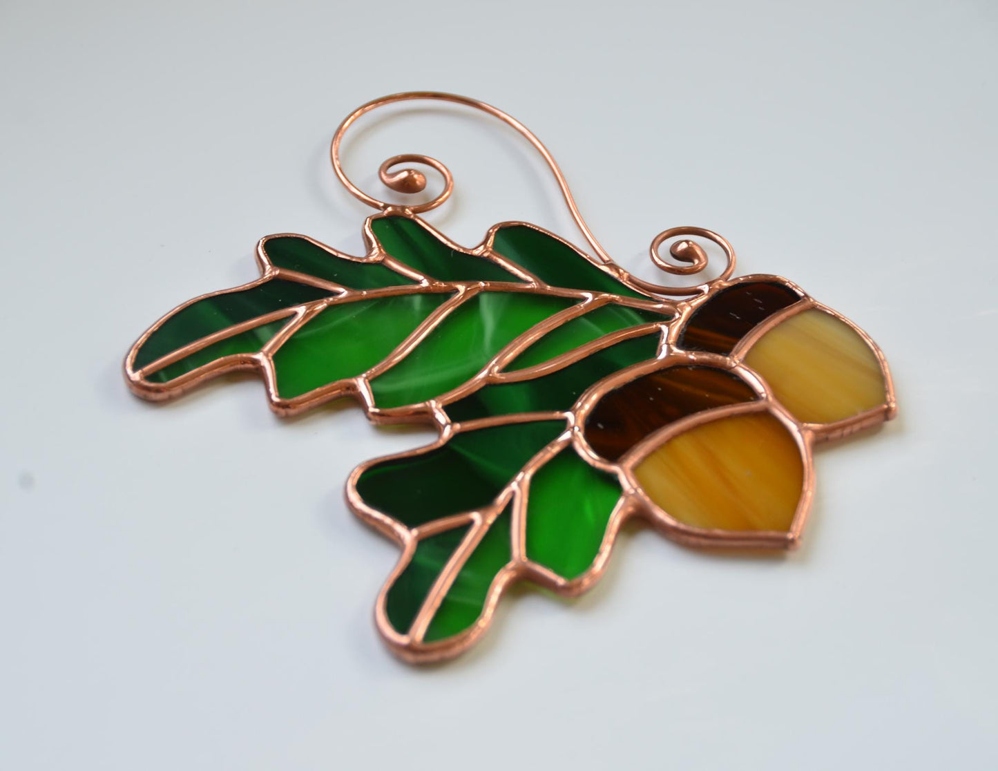 Acorn Stained Glass Suncatcher – Fall Leaves Window Hanging – Autumn Decor – Handmade Glass Ornament