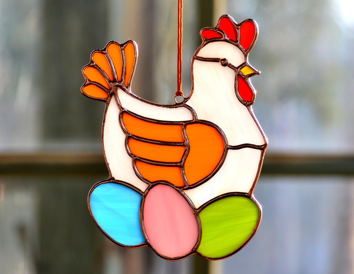 Stained glass chicken with eggs, handmade suncatcher, Easter window hangings