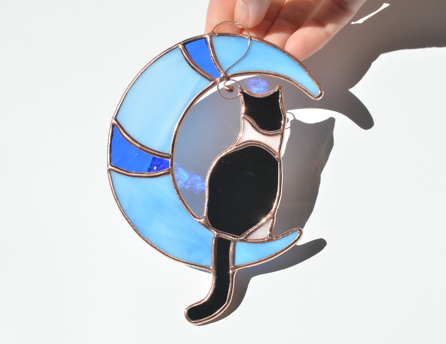 Tuxedo Cat on Moon Stained Glass Window Hanging Suncatcher, Pet Lost Gift