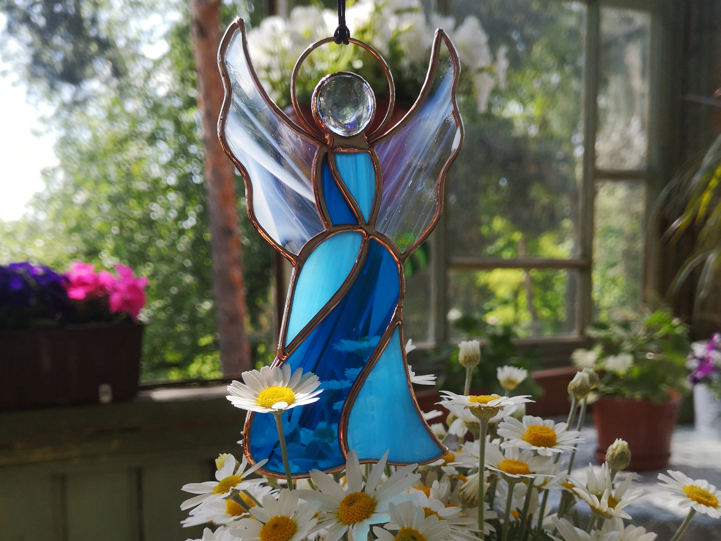 Stained glass angel memorial gift, window hanging ornament, guardian suncatcher