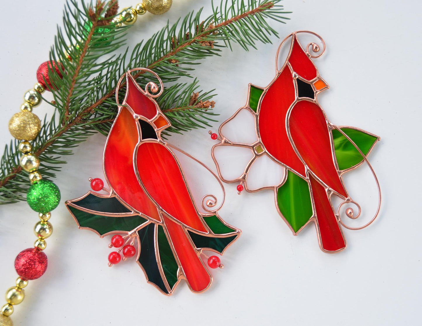Stained Glass Red Cardinal with Holly Leaves – Handmade Window Hanging Suncatcher