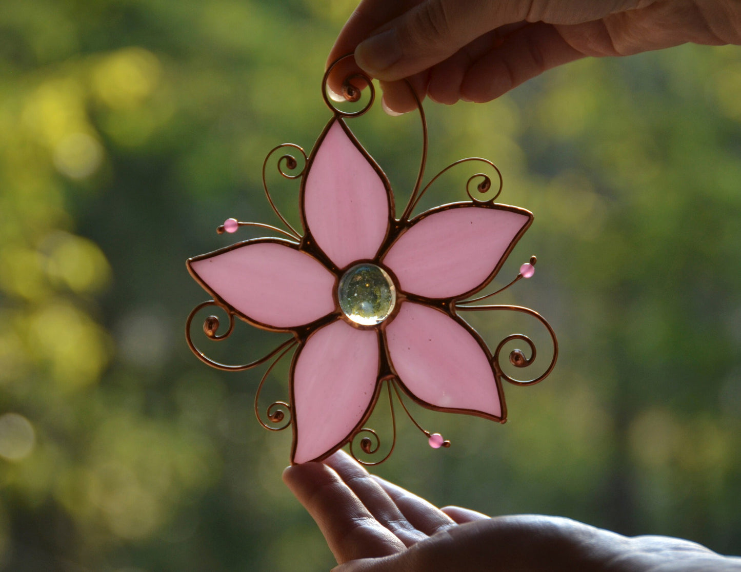 Stained Glass Flower Suncatcher – Pink Window Hanging – Handmade Floral Decor – Summer Gift Idea