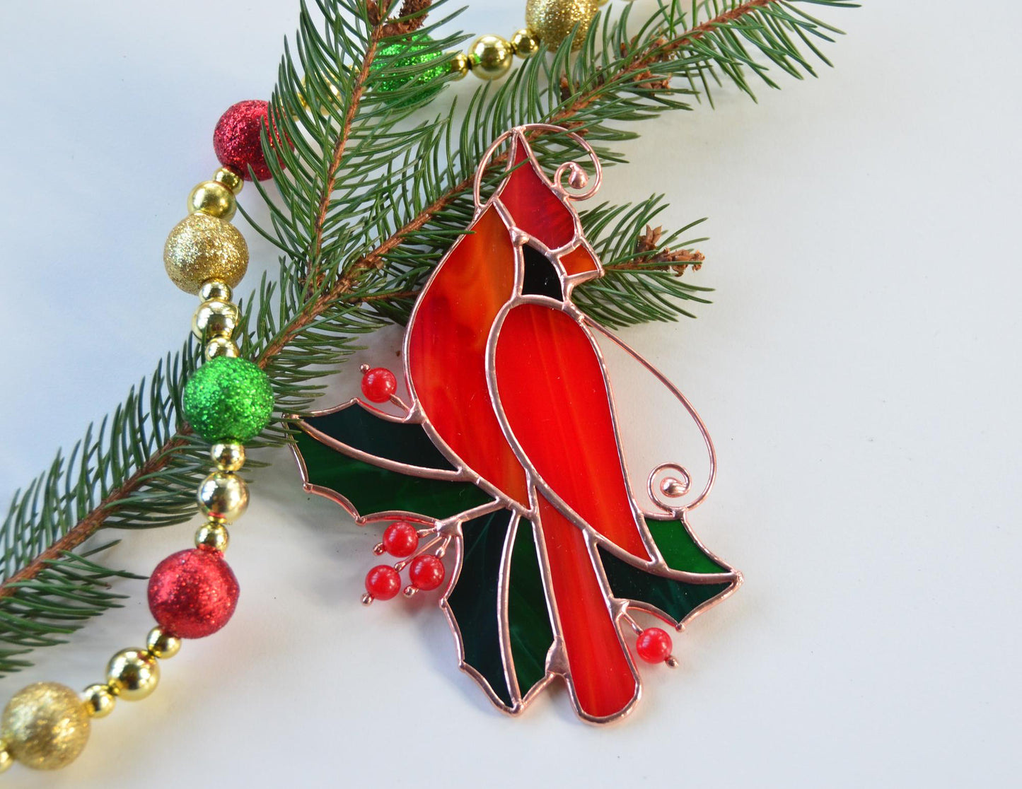 Stained Glass Red Cardinal with Holly Leaves – Handmade Window Hanging Suncatcher