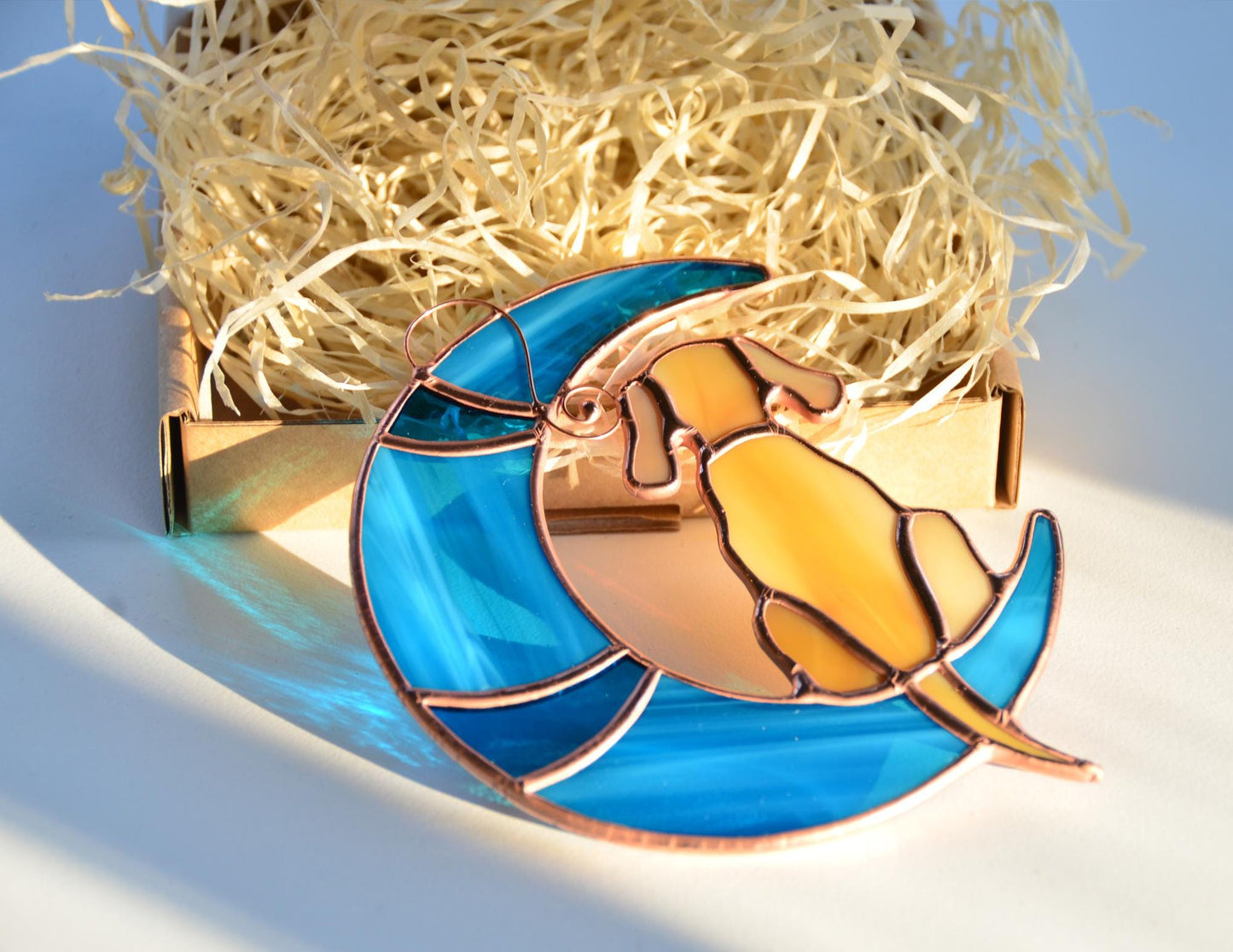 Stained glass dog on moon, dachshund suncatcher, memory gift window hangings