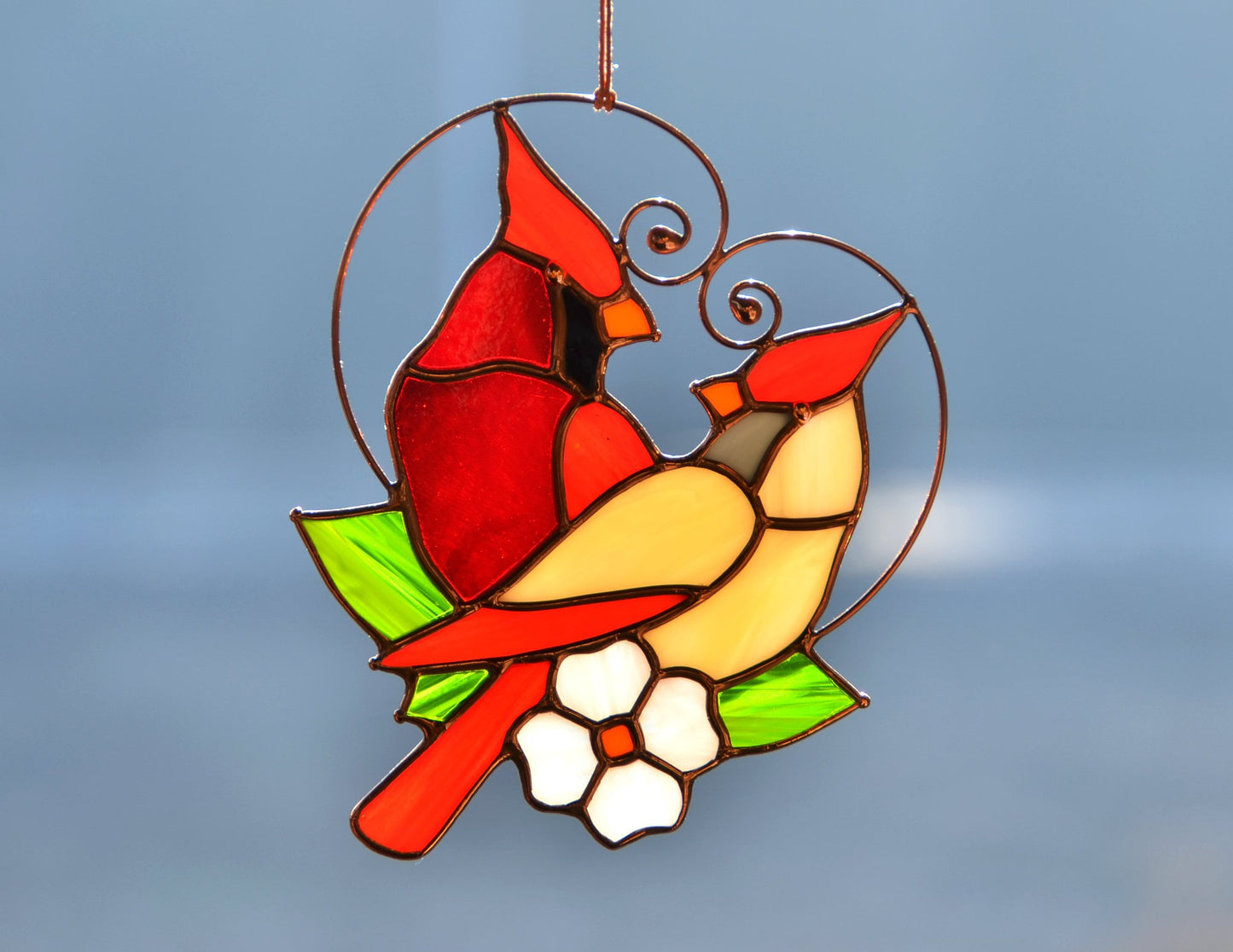 Cardinal Pair Stained Glass Suncatcher – Window Hanging, Anniversary Gift for Bird Lovers