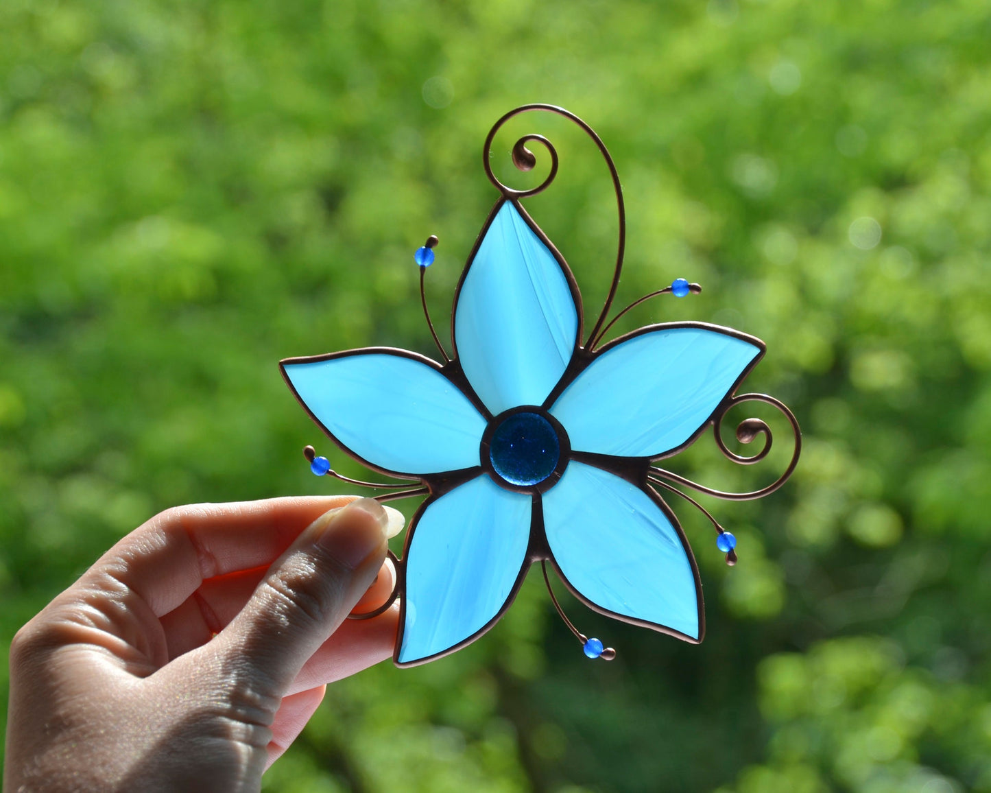 Stained glass blue flower suncatcher, suncatcher for window hanging