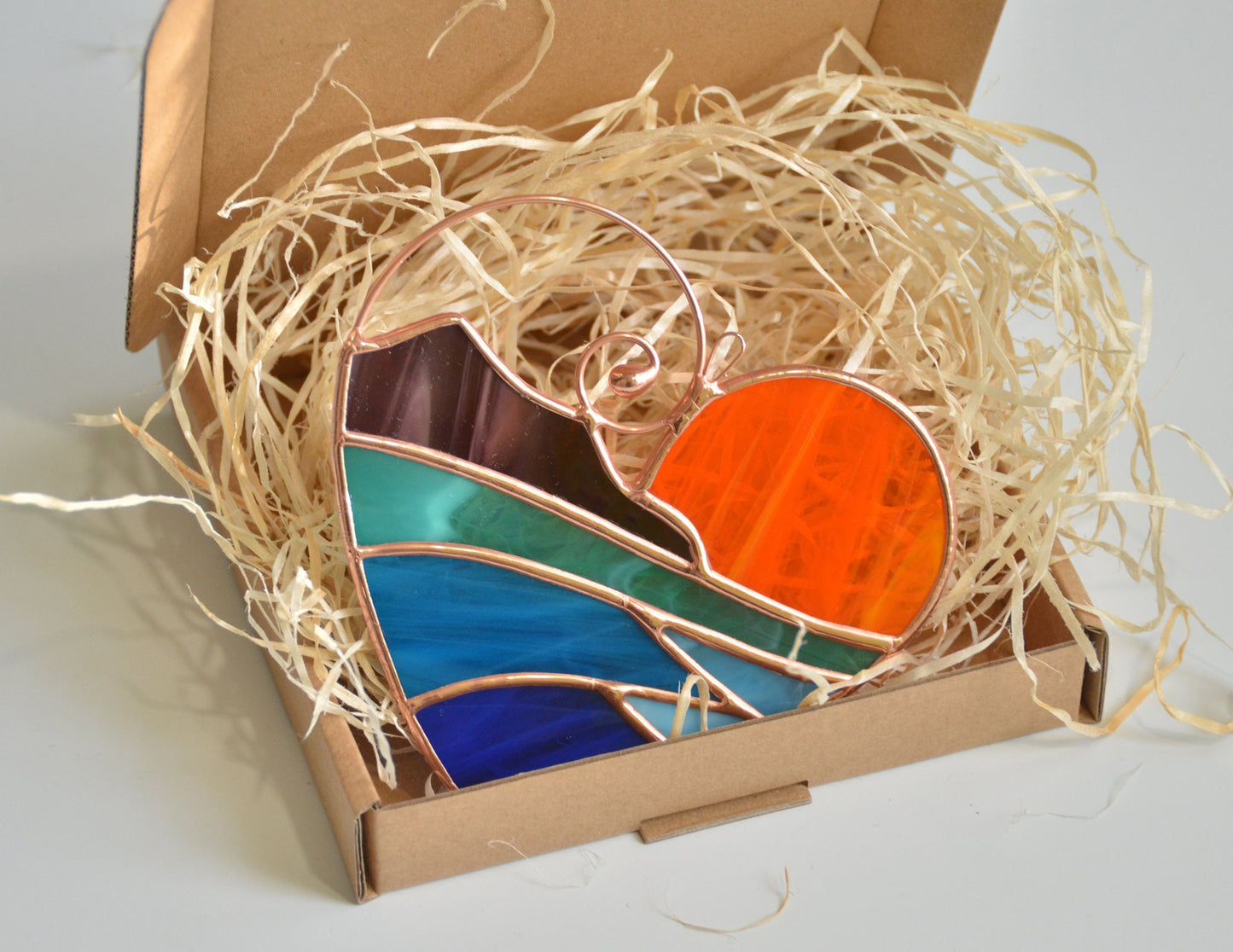 Ocean Sunset Heart Suncatcher – Handmade Stained Glass