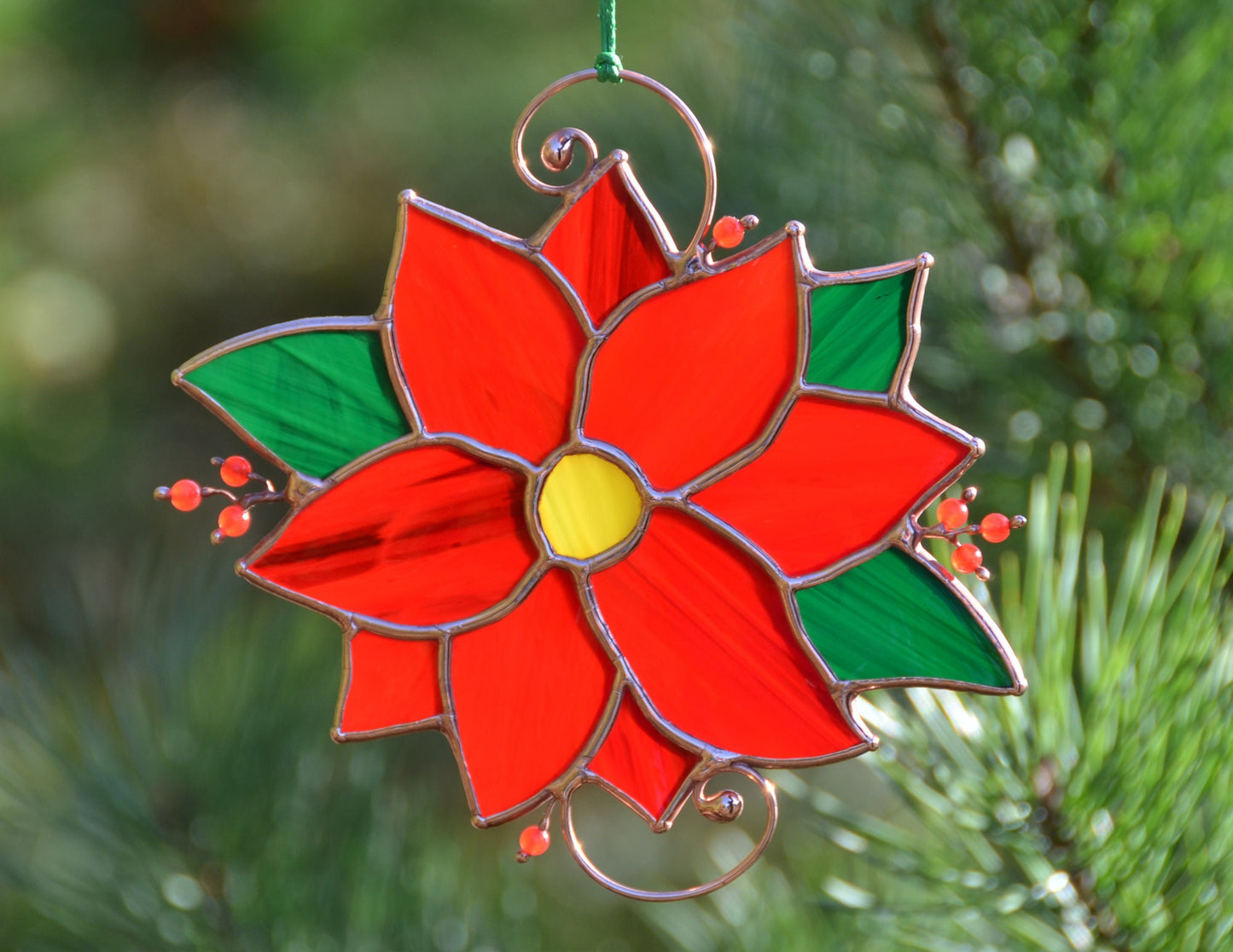 Stained Glass Poinsettia Suncatcher: Winter Flower Window Hanging