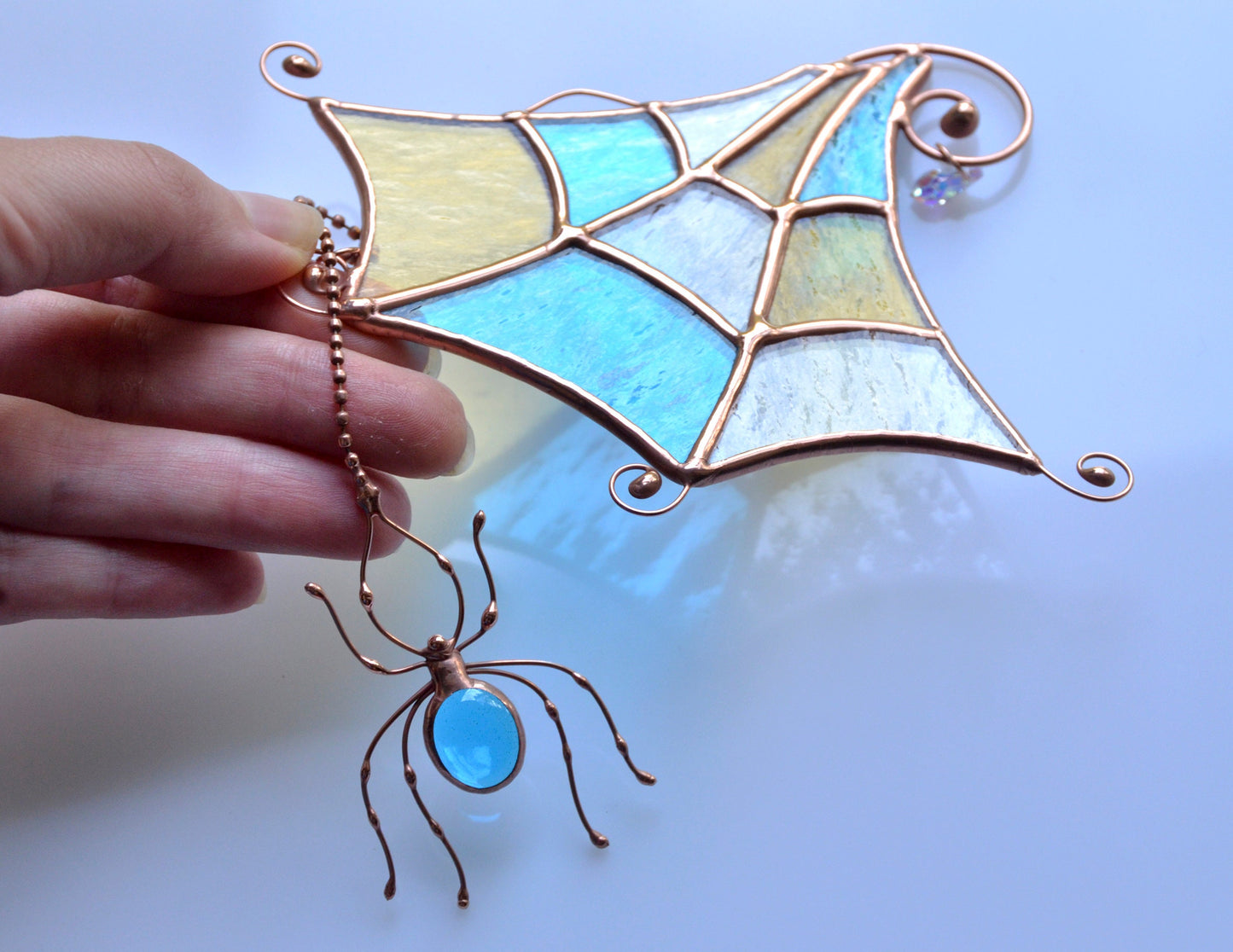 Stained Glass Spider Web Suncatcher – Handmade Window Hanging Fall Decor
