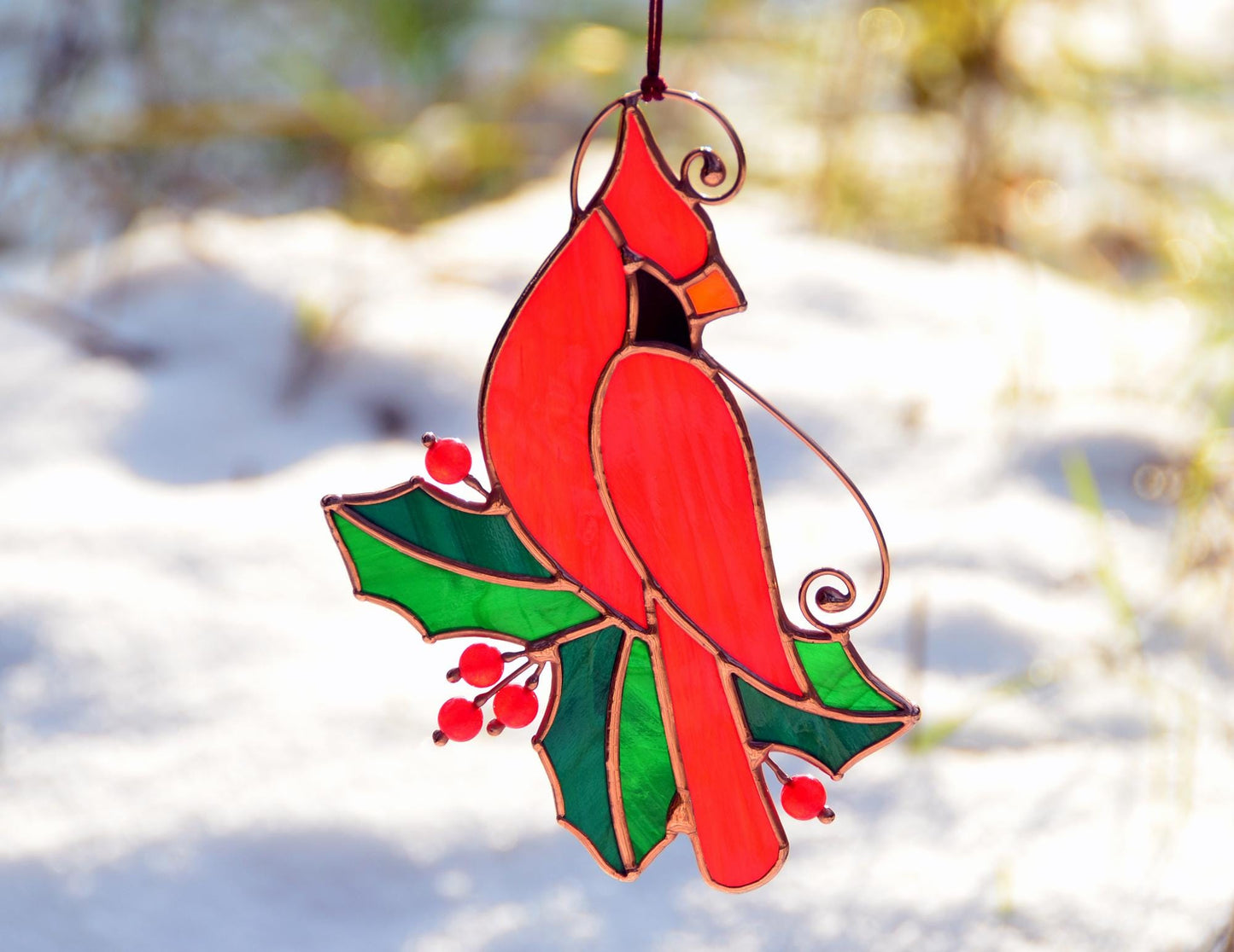 Stained Glass Red Cardinal with Holly Leaves – Handmade Window Hanging Suncatcher