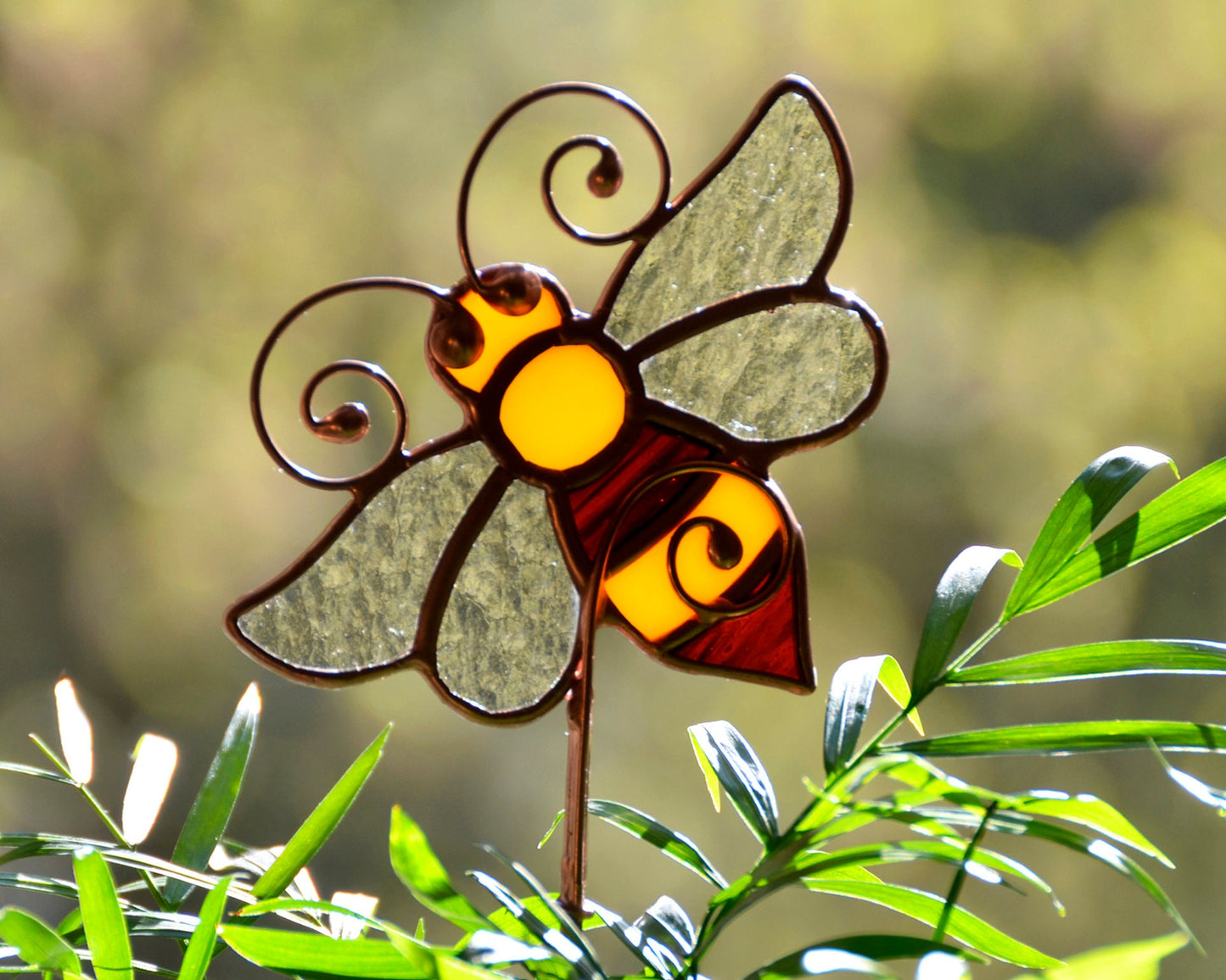 Honey bee stained glass stake, stained glass plant stake, bee pot ornament