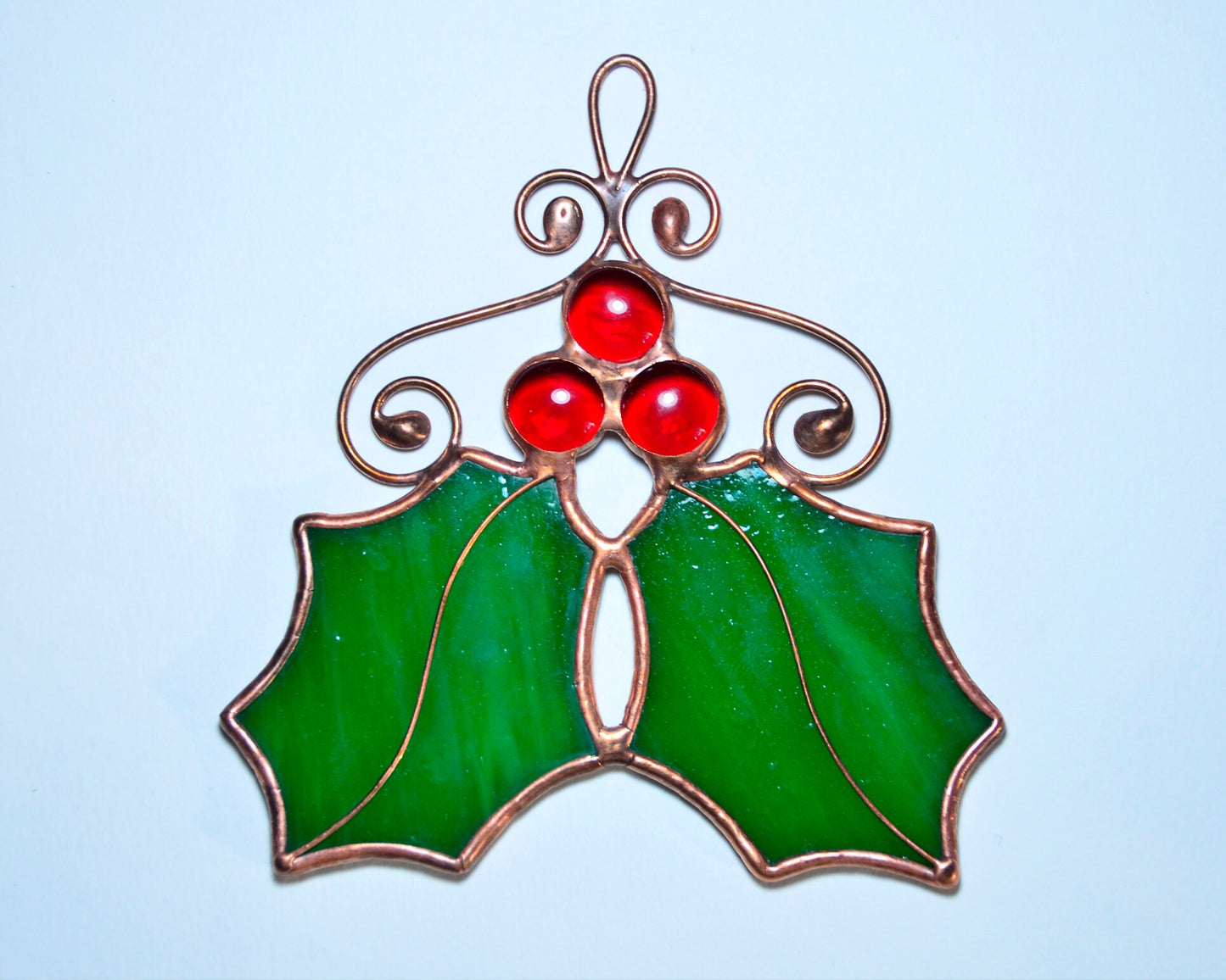 Holly leaves Christmas decor, stained glass ornaments, winter holiday suncatcher, Christmas gift