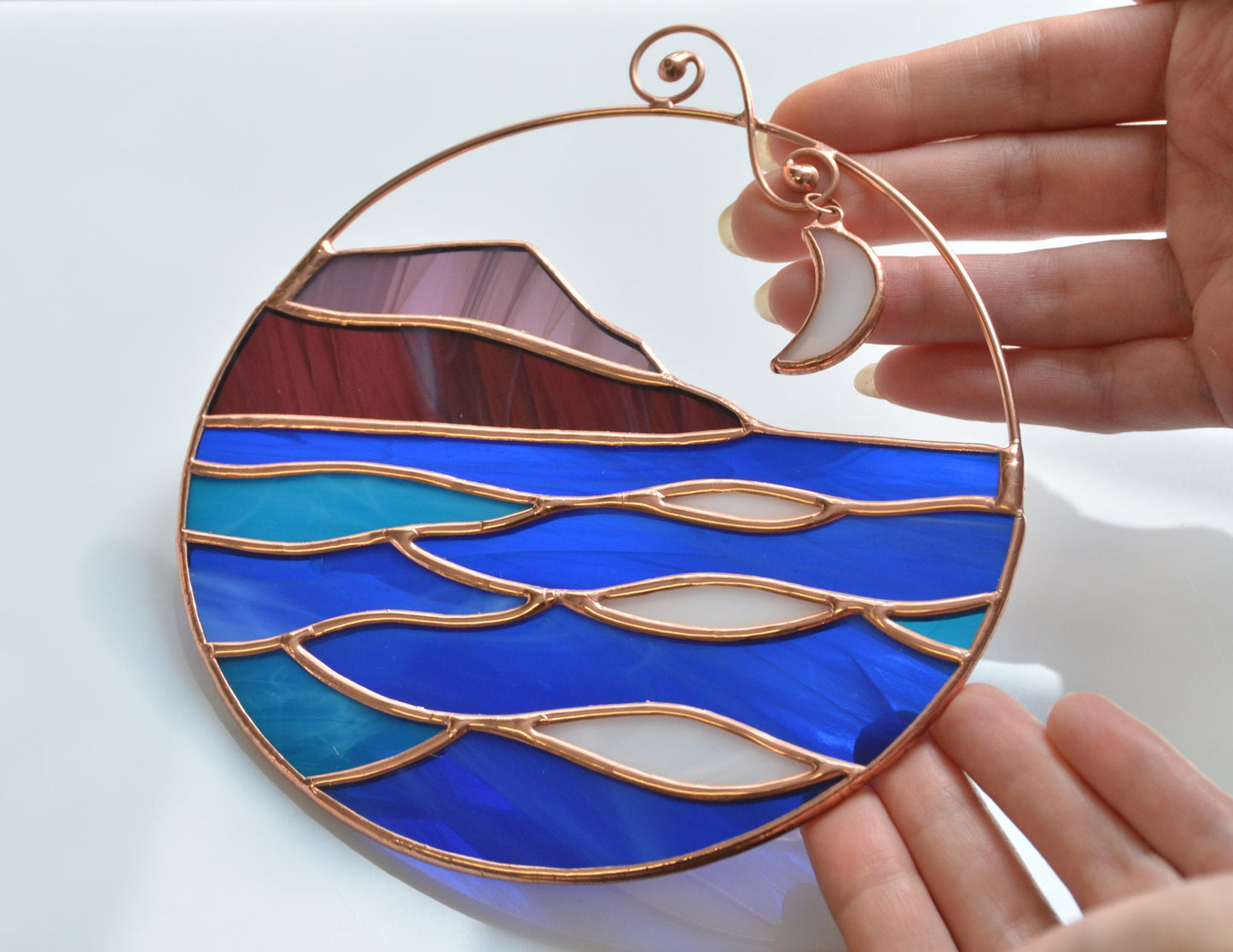 Stained Glass Mountain Suncatcher: Handmade Sea & Moon Window Hanging