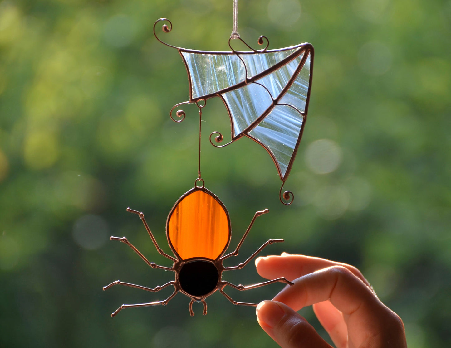 Stained glass Halloween suncatcher, window hanging spider ornament