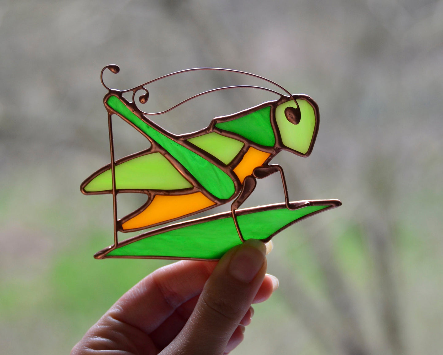Stained glass suncatcher, grasshopper
