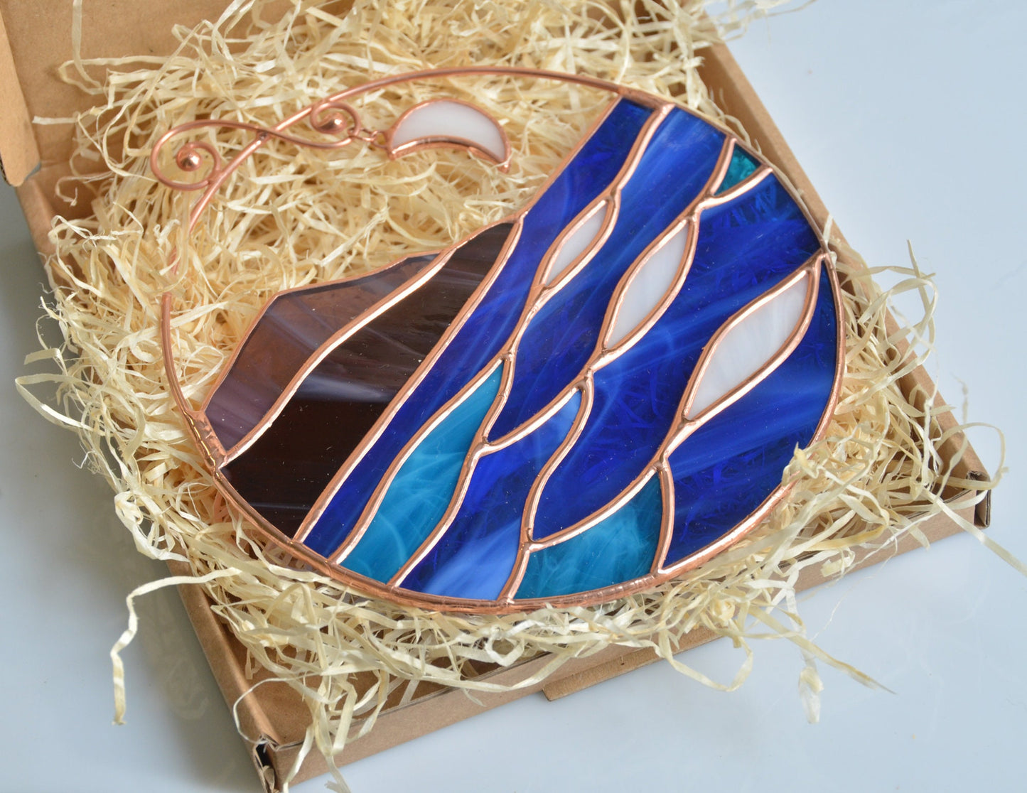 Stained Glass Mountain Suncatcher: Handmade Sea & Moon Window Hanging