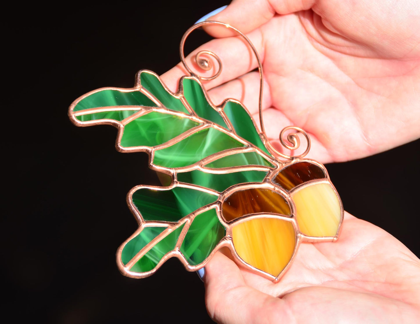 Acorn Stained Glass Suncatcher – Fall Leaves Window Hanging – Autumn Decor – Handmade Glass Ornament