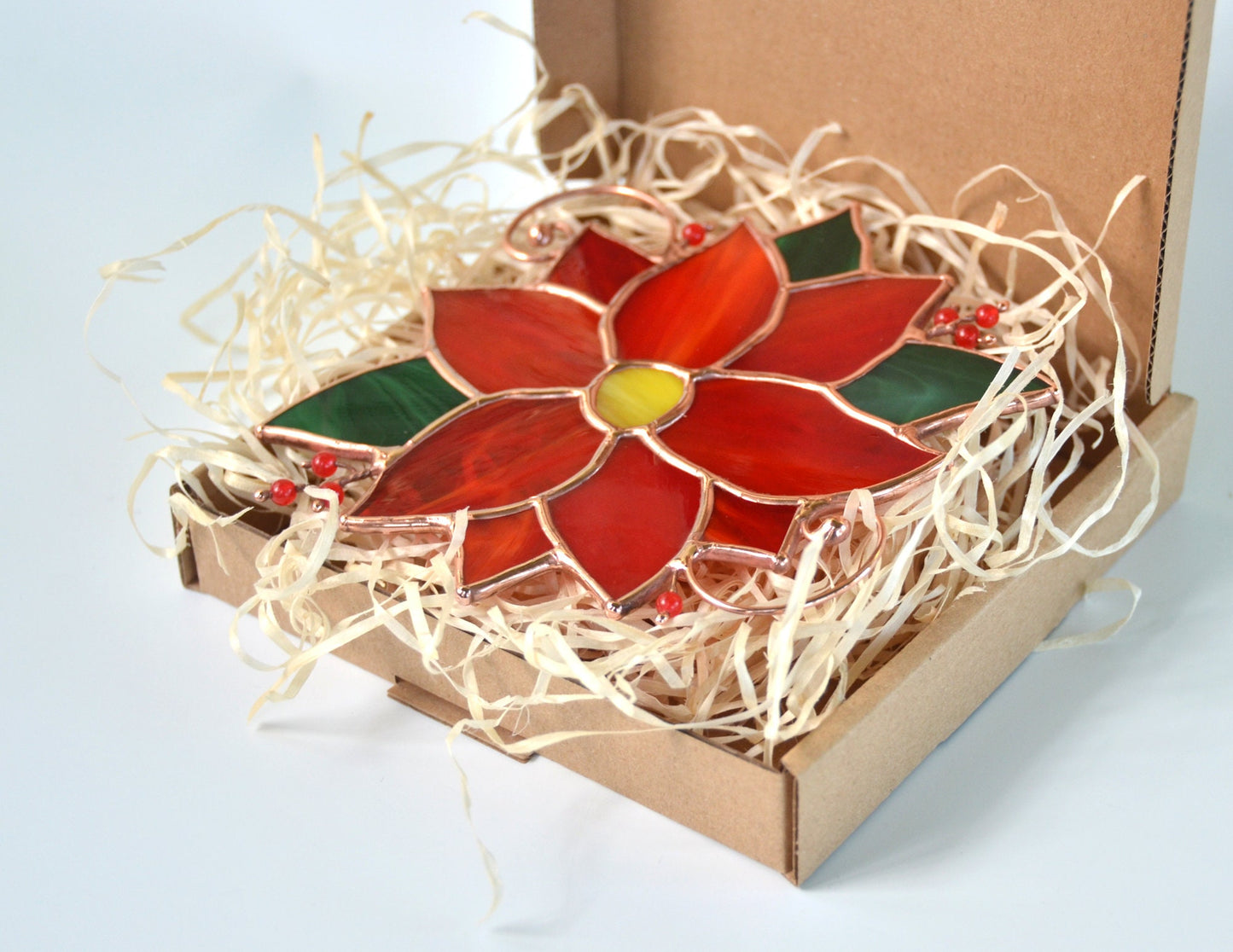 Stained Glass Poinsettia Suncatcher: Winter Flower Window Hanging
