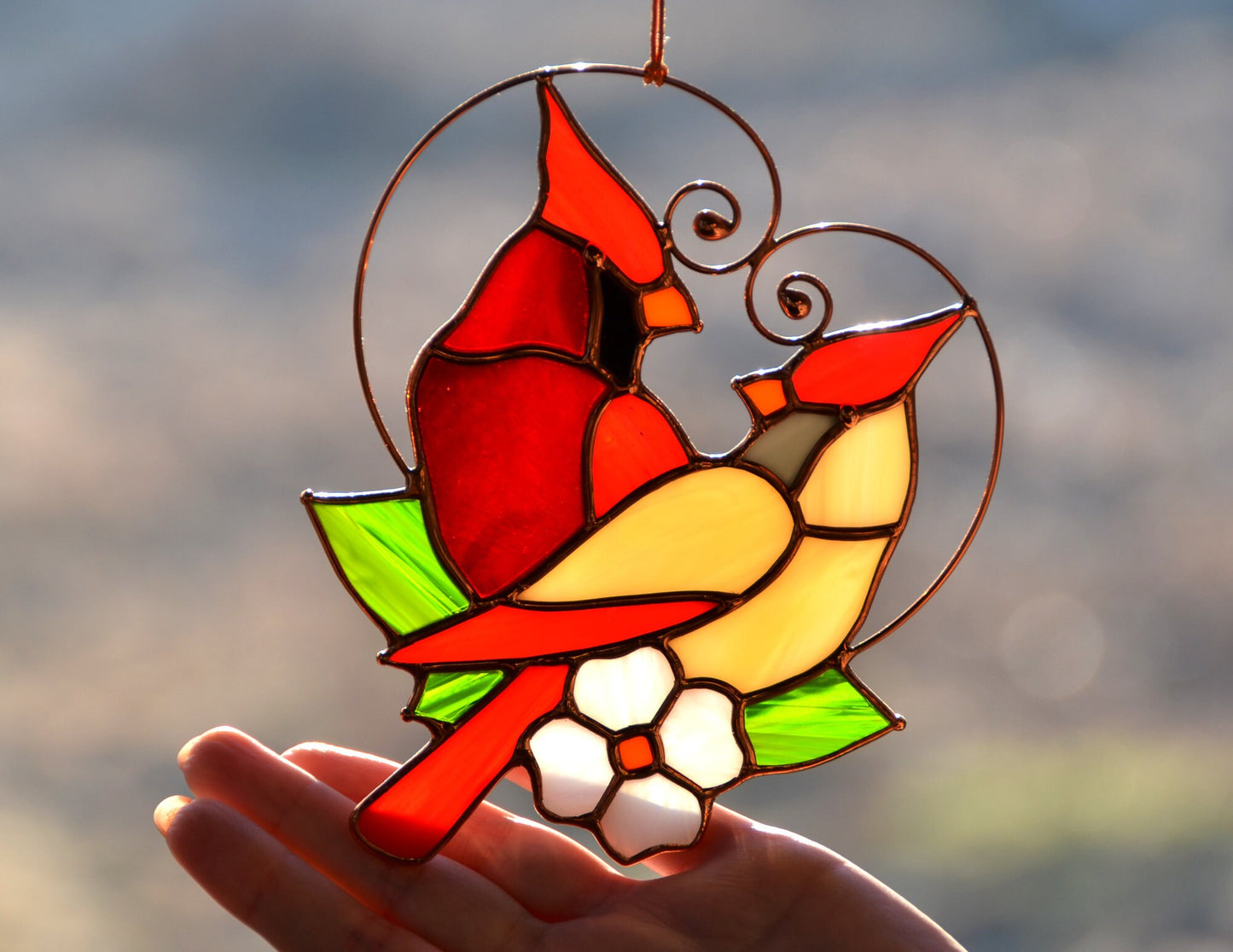 Cardinal Pair Stained Glass Suncatcher – Window Hanging, Anniversary Gift for Bird Lovers