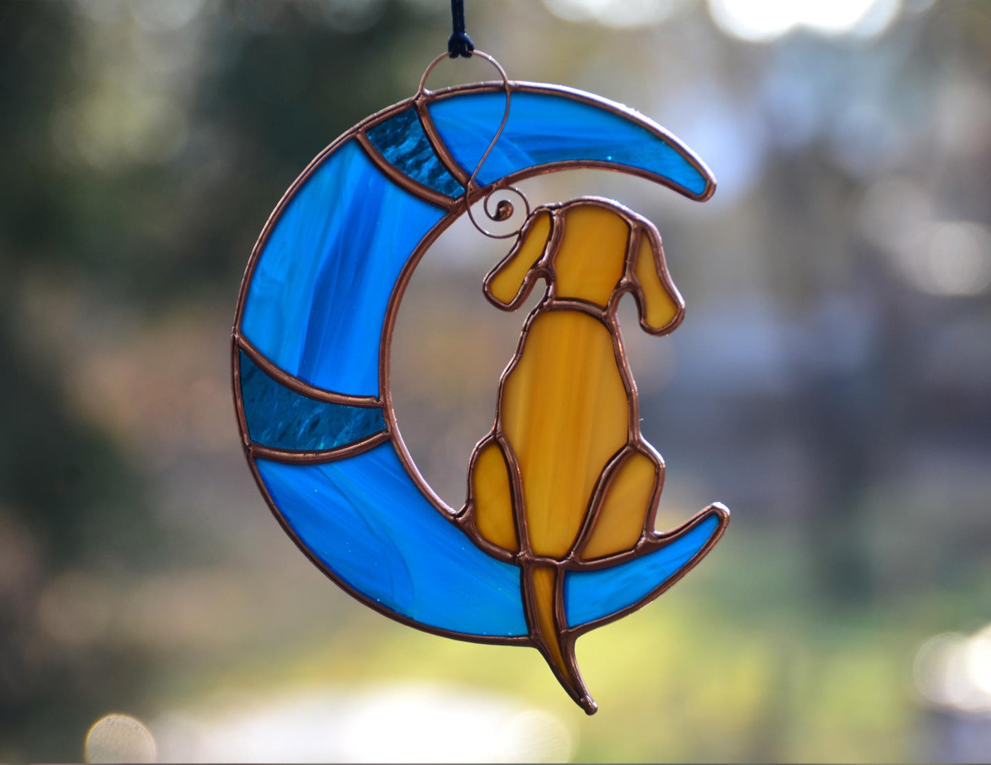 Stained glass dog on moon, dachshund suncatcher, memory gift window hangings