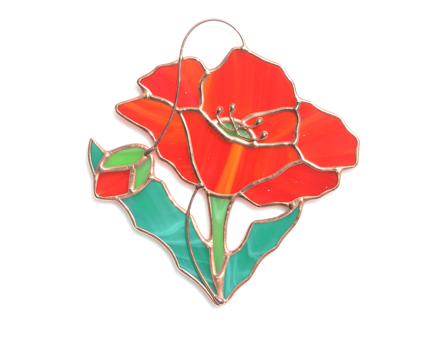 Handmade Stained Glass Poppy Suncatcher– Window Ornament, Unique Flower Gift