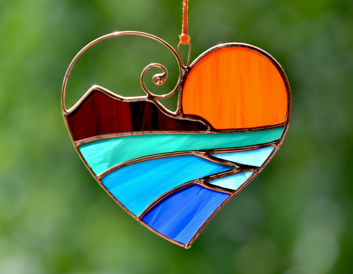 Handmade stained glass heart suncatcher with ocean sunset design