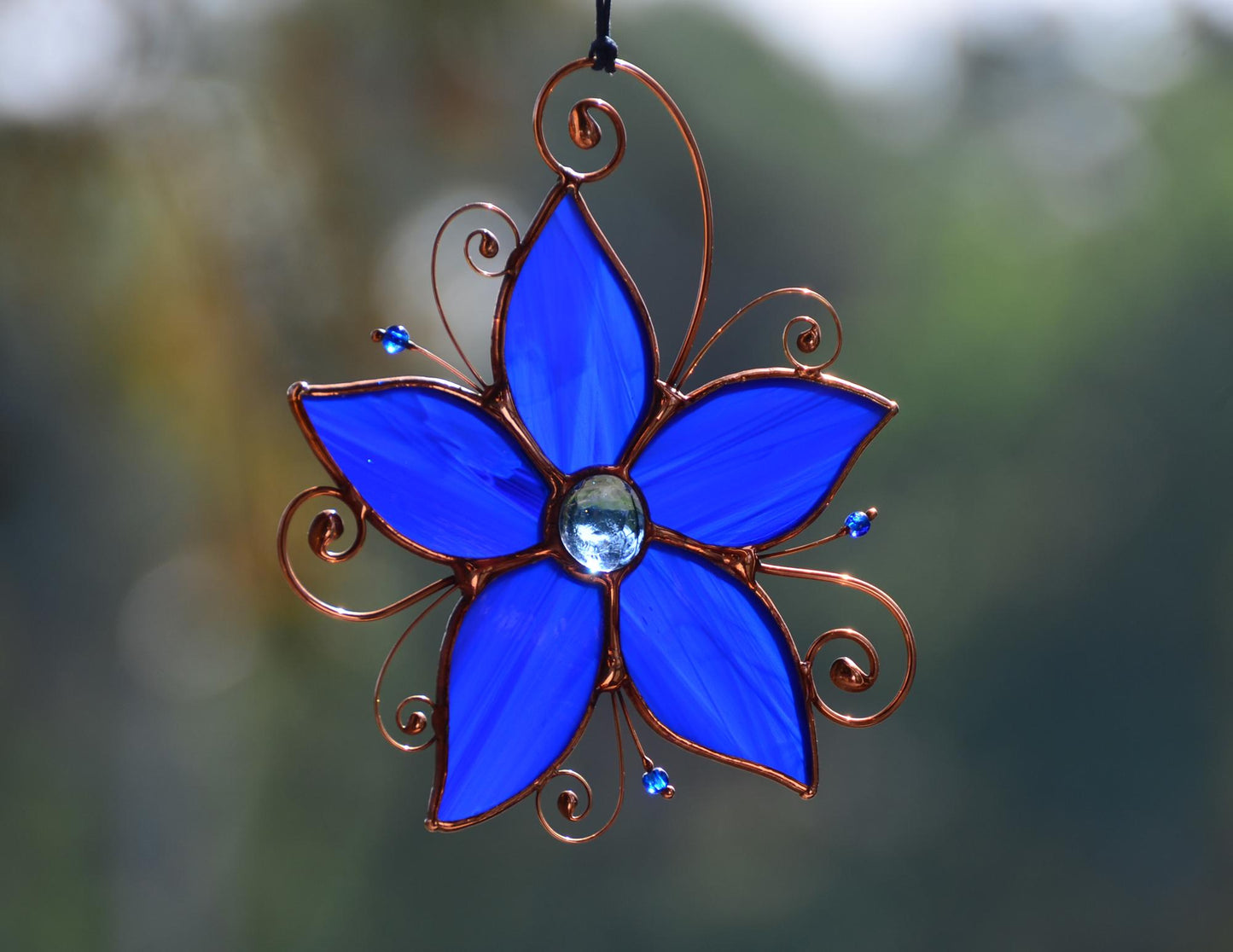 Stained glass window hangings, blue flower sun catcher, glass flower housewarming gift