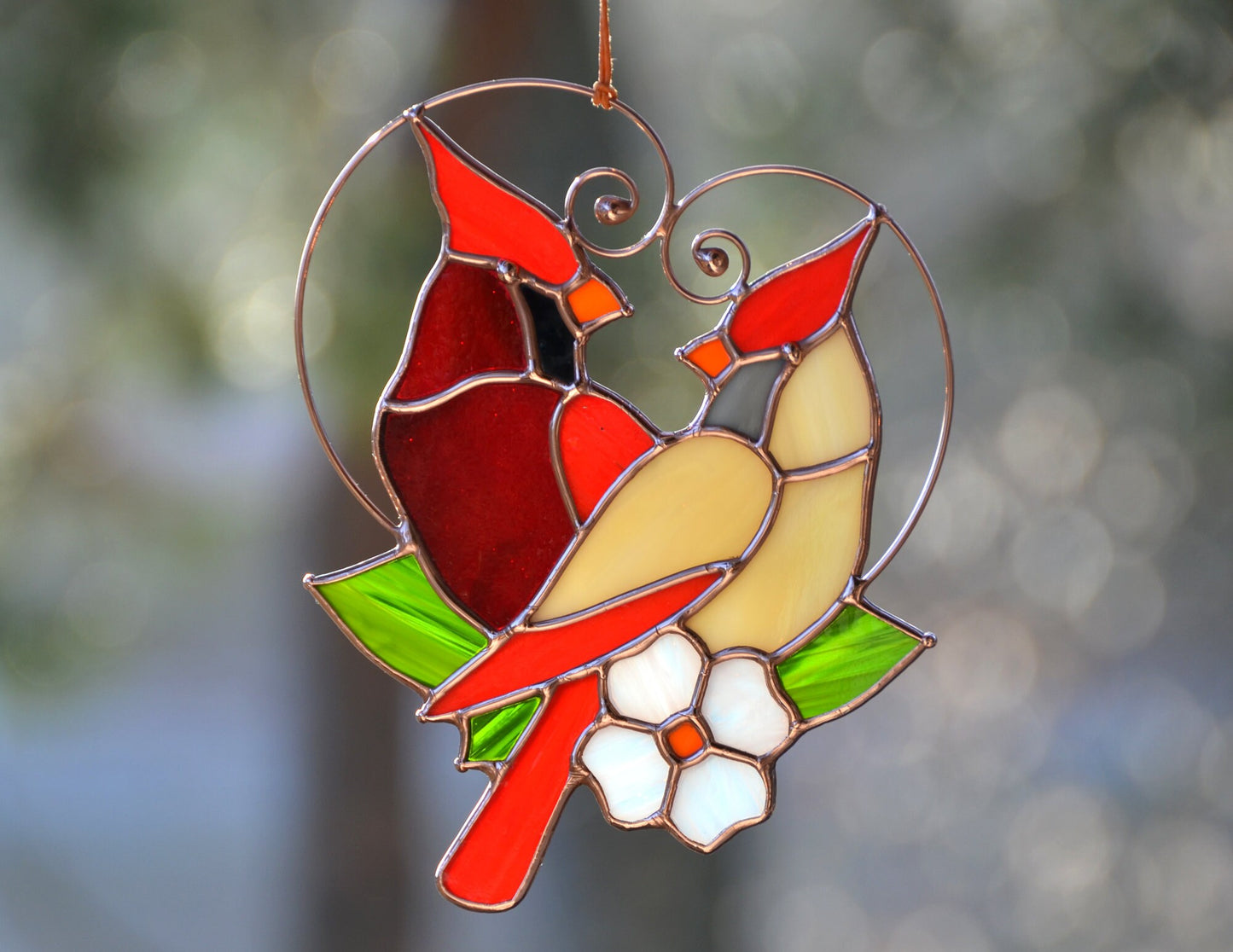 Cardinal Pair Stained Glass Suncatcher – Window Hanging, Anniversary Gift for Bird Lovers