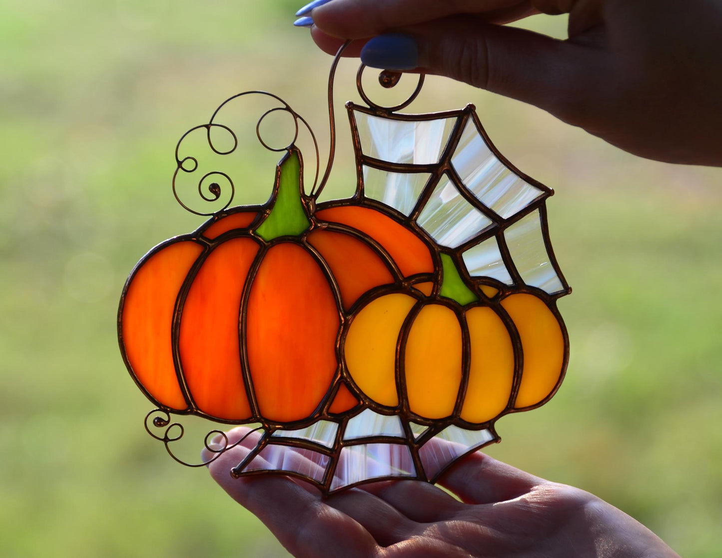 Stained glass pumpkin window hanging, stain glass Halloween suncatcher