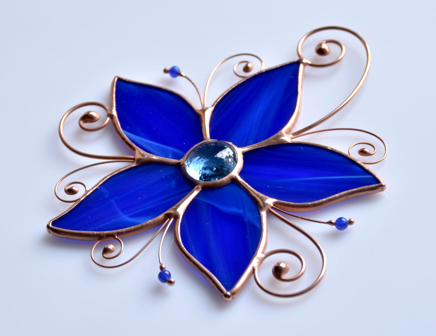 Stained glass window hangings, blue flower sun catcher, glass flower housewarming gift