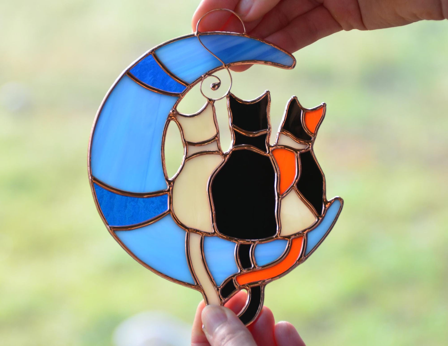 Cats on Moon Stained Glass - Custom Colors - Memorial Pet Lost Gift